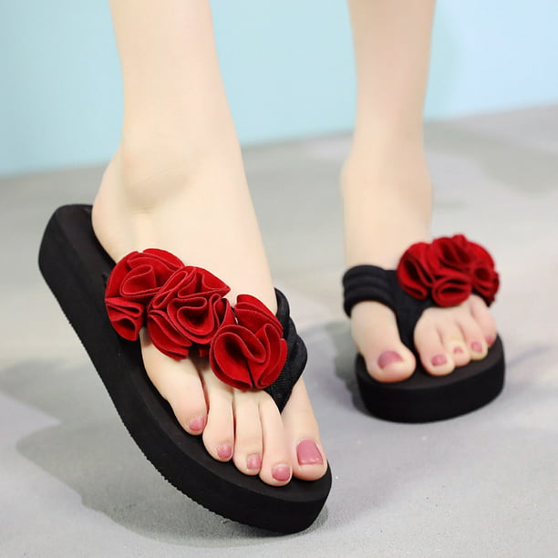 Sweet Studio New Handmade Flower Slippers Women 8 cm High Platform Wedge Sandals Boho Beach Flip Flops Summer Shoes 